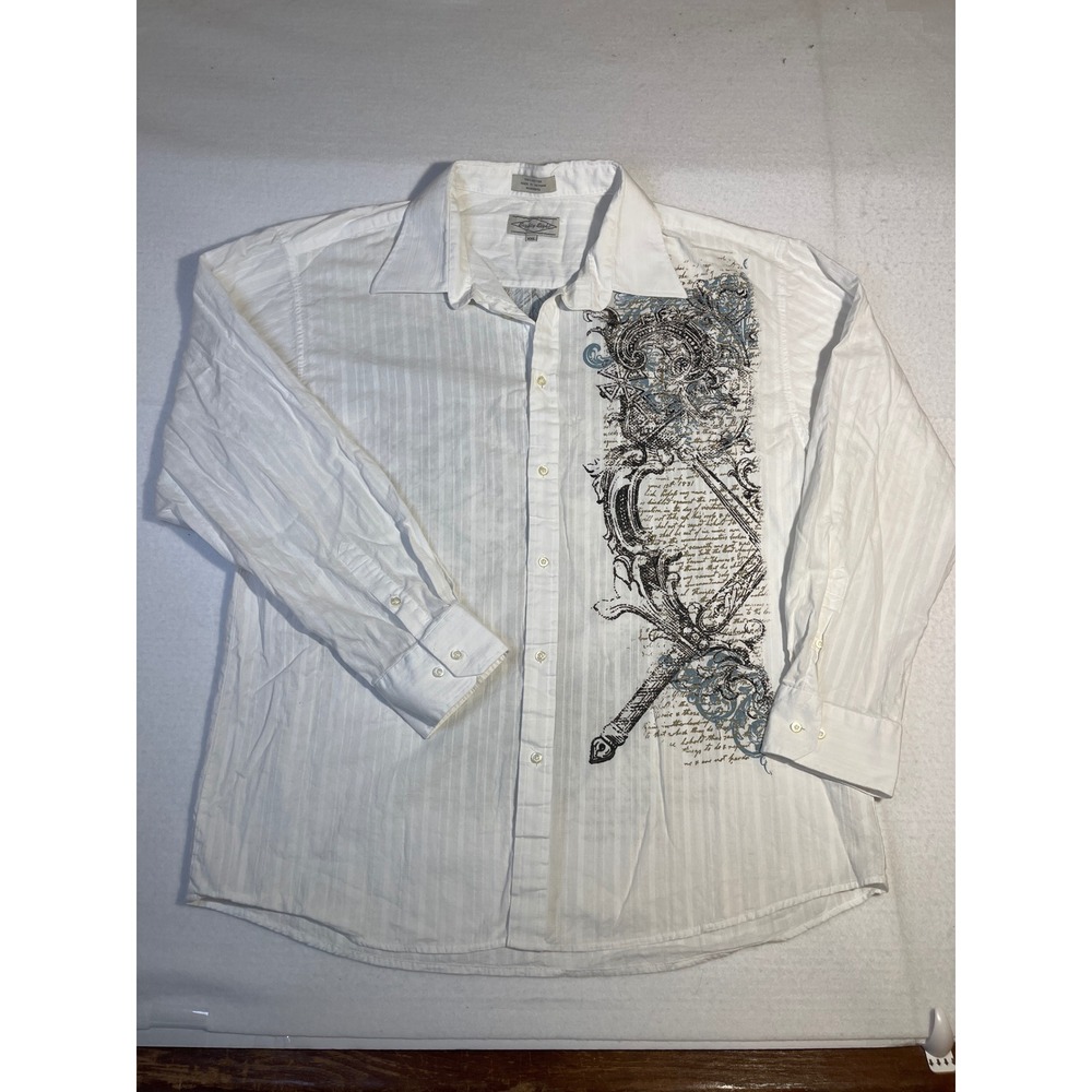 Vintage Eighty Eight Mens XXL White Graphic Button Down Shirt Y2K Scroll Script